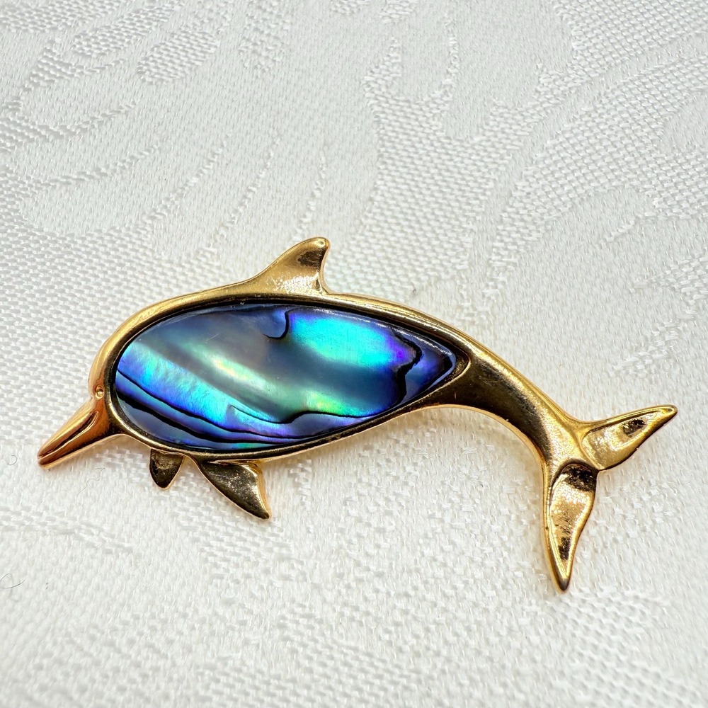 Vintage Paua Abalone Shell Dolphin Gold Tone Brooch